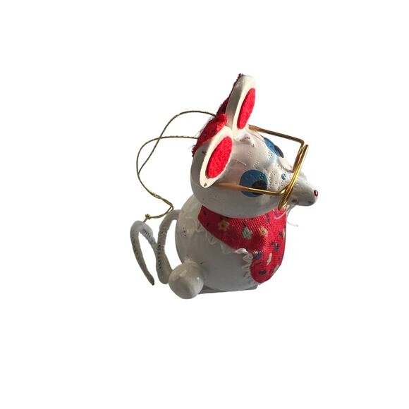 Wooden vintage painted Taiwan Christmas Ornament Mouse with glasses white red - Picture 4 of 9